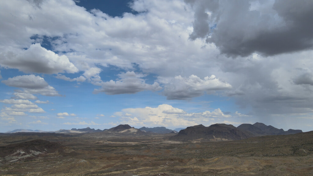 Storm clouds over low mountains near Terlingua