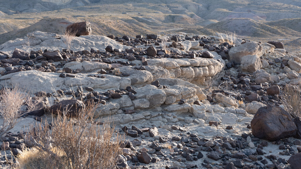 Banded limestone fragments on a rocky slope